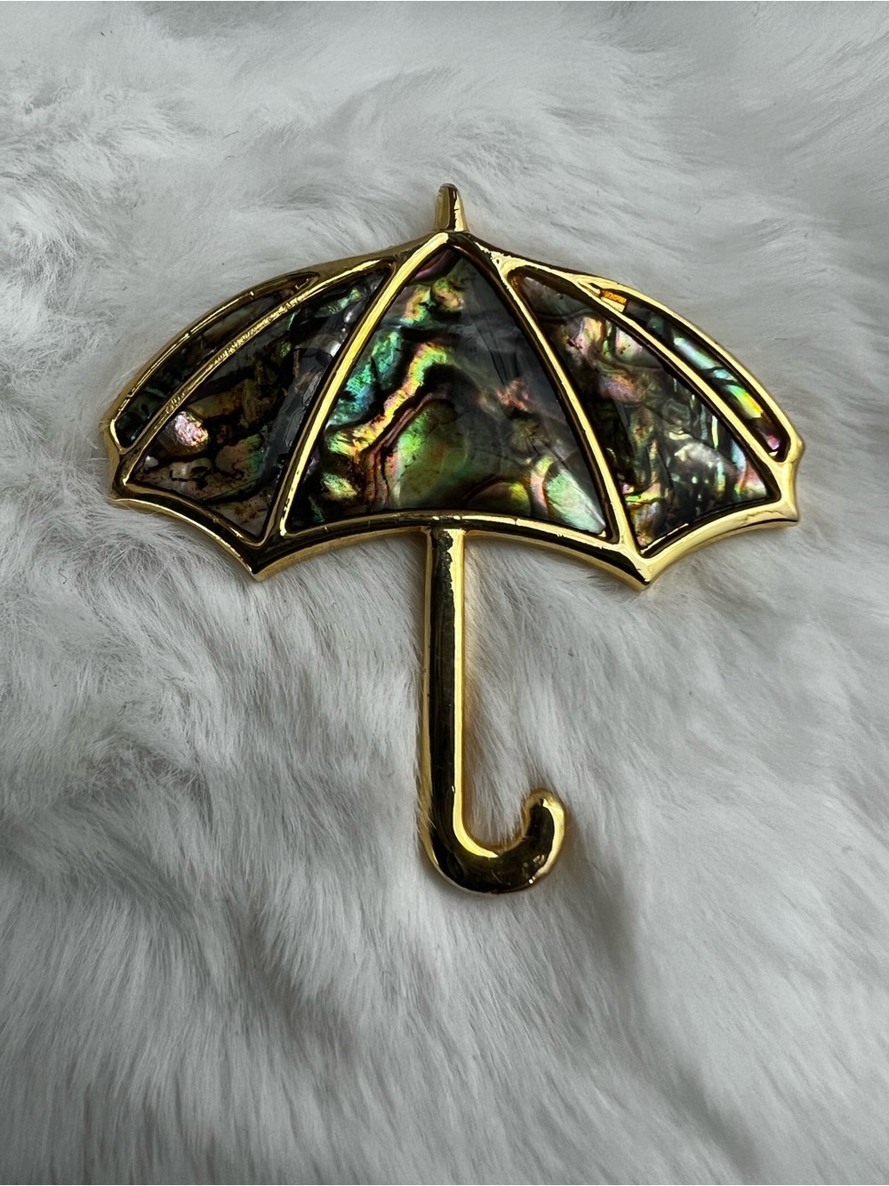 Vintage Nuri Abalone Gold Tone Umbrella Brooch